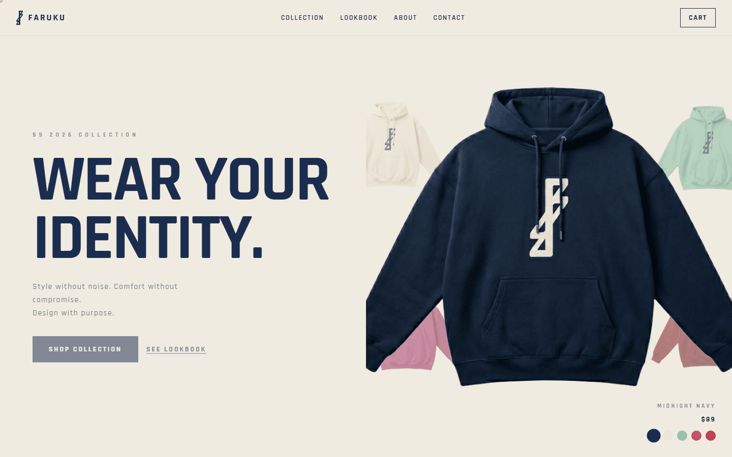 FARUKU streetwear site with a navy hoodie hero