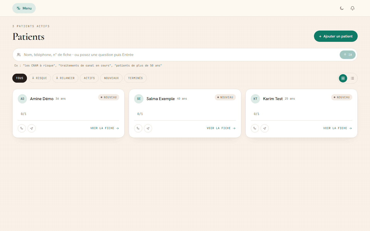 Patient list with AI search and status filters